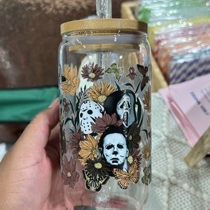 COPY - Horror Glass cup! 16 oz with bamboo lid and glass straw.